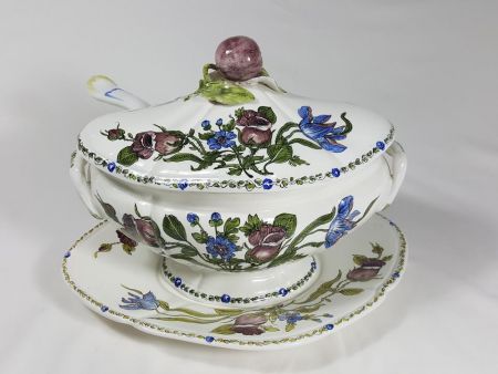 ANCIENT CERAMIC SOUP TUREEN, ANTIQUE VINTAGE OBJECT DECORATED WITH TULIP FLOWERS
