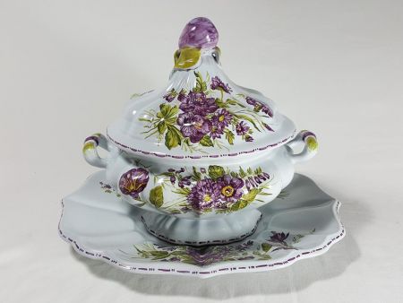 VINTAGE MAJOLICA SOUP TUREEN DECORATED WITH VIOLET FLOWERS